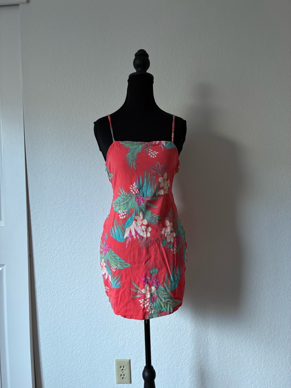 Coral Hawaiian Print Floral Mini Dress Beach Vacation Resortwear Tropical